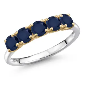 925 Silver and 10K Yellow Gold Blue Sapphire Wedding-Bands Ring For Women | 1.75 Cttw | Round 4MM | Gemstone September Birthstone