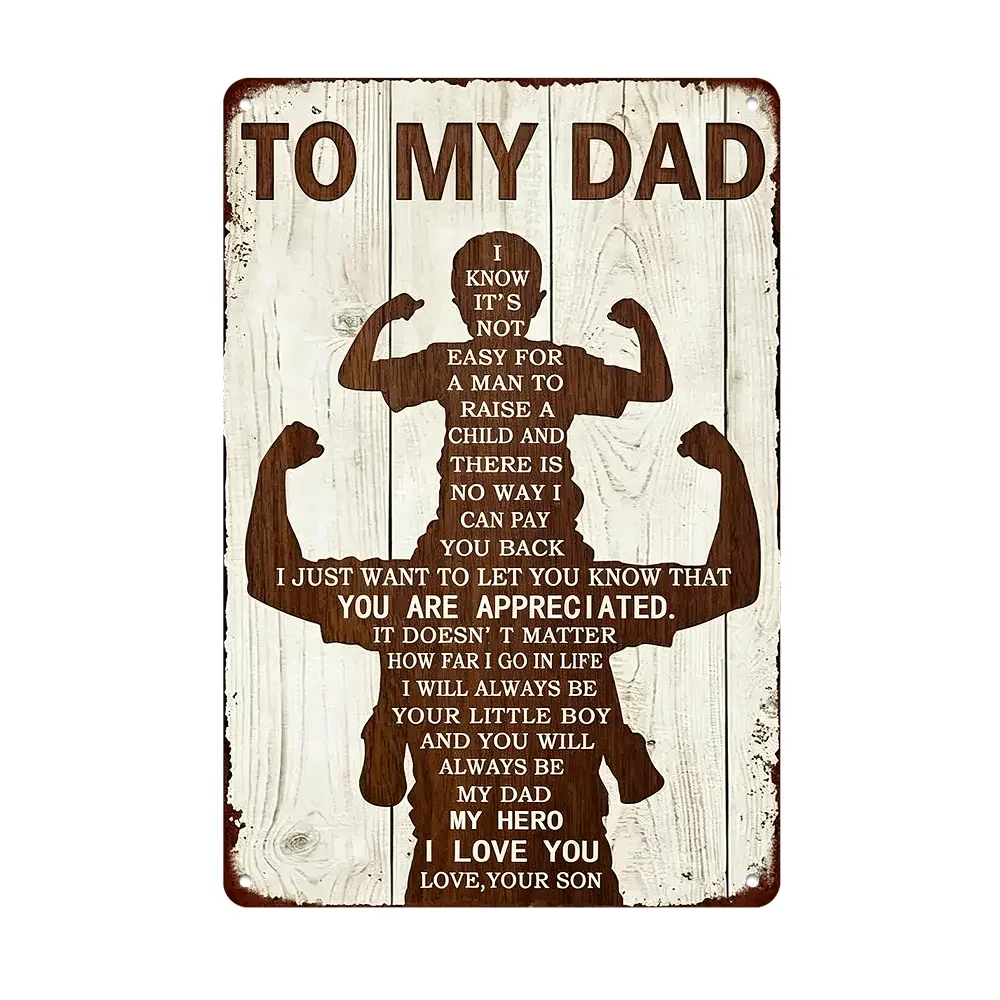 "To My Dad, You Are Appreciated, My Hero" Father & Son Silhouette 12×8 Inch Flat Aluminum Metal Sign, Rustic Wood Background, Indoor/Outdoor Living Room & Man Cave Decor, Heartfelt Father's Day Gift, Sentimental Family Keepsake
