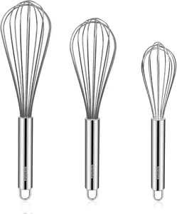 NileHome Stainless Steel Whisk Set 8" 10" 12" High-Quality Durable Kitchen Whisk for Cooking Whisking Blending Beating Stirring 3 Pack