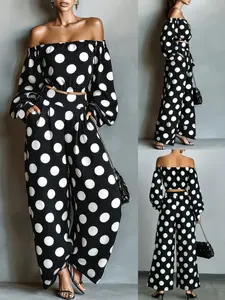 Vintage Newspaper-Inspired & Polka Dot One-Shoulder Set, Retro Style Fashion, Perfect for Casual Wear