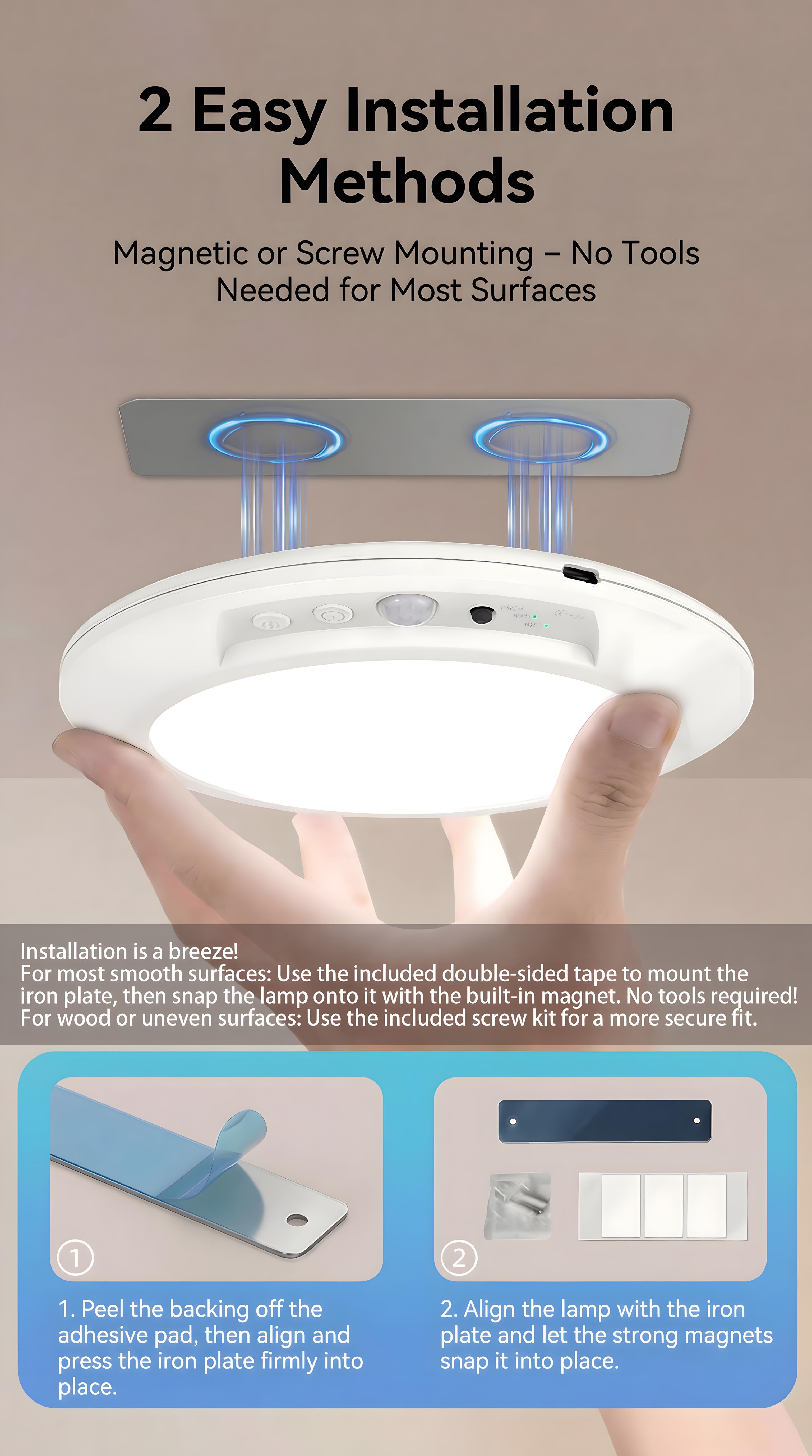 Rechargeable motion sensor ceiling light with remote — magnetic wireless battery-powered LED light with three color modes for closet, shower, stairs, shed, hallway, porch, and patio