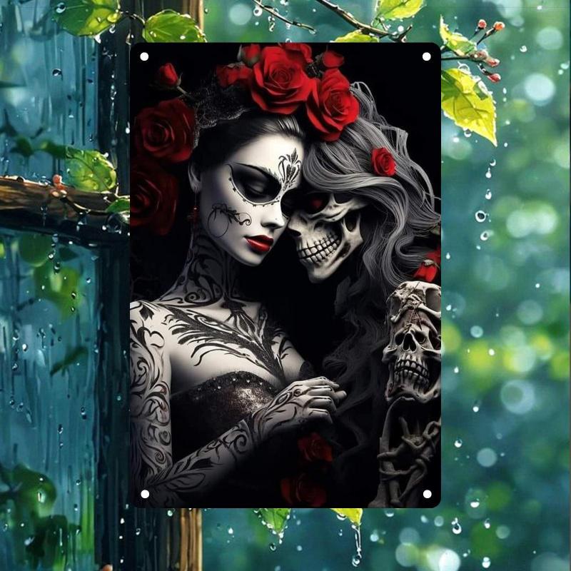 1PC 2D Flat - Gothic Sugar Skull and Rose Metal Wall Art - Vibrant Iron Sign with Intricate Tattoo Design, Black and White Contrast, Perfect for Home, Coffee Shop, Bar Decoration, Unique Valentine's Day Gift, Easy to Hang, Home Decor