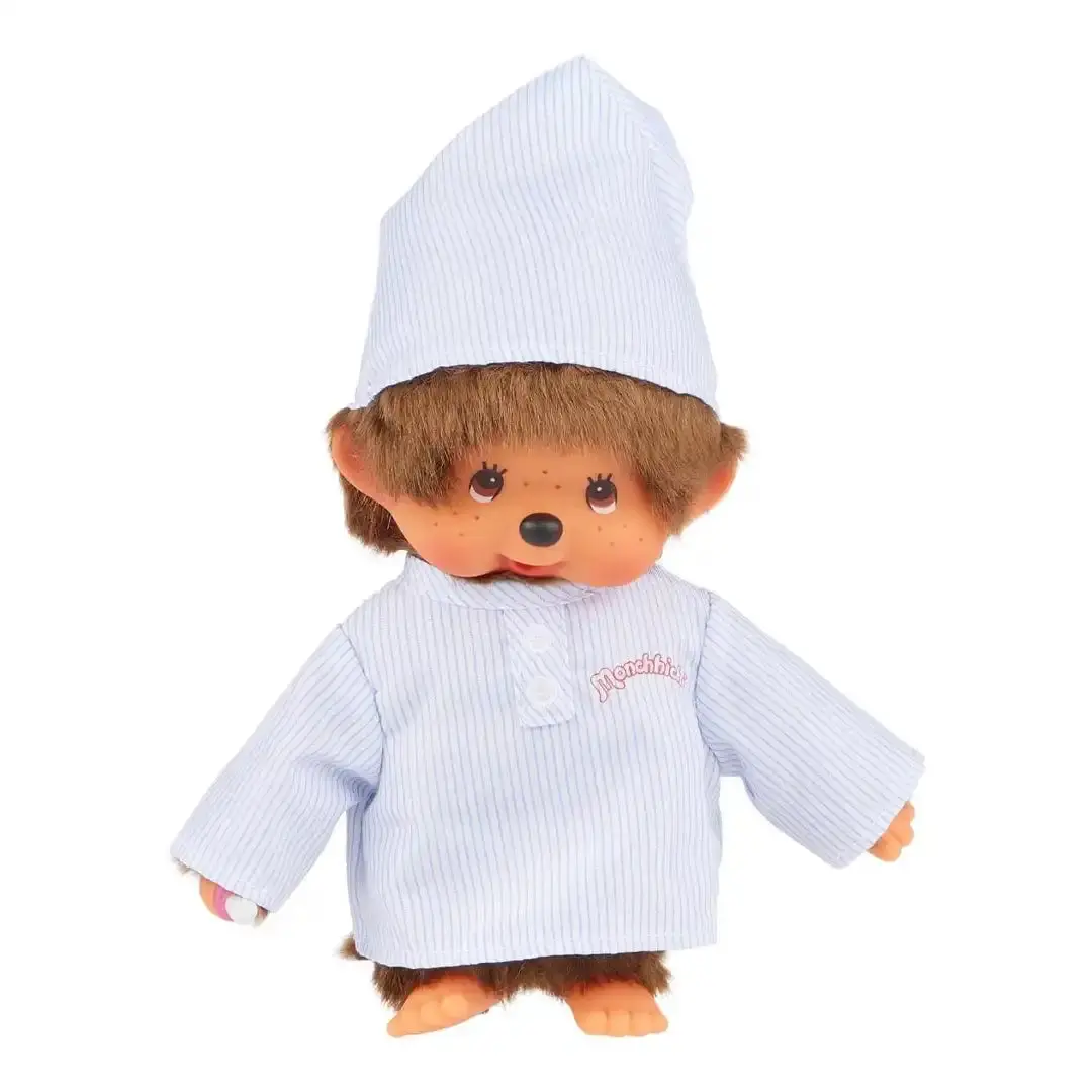 Monchhichi Boy Collectible Plush, Long Striped Pajama Outfit with Cap