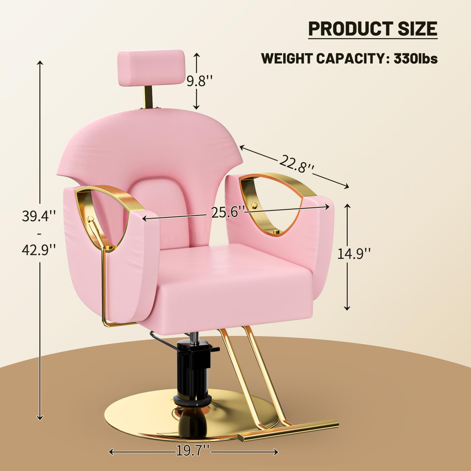 Reclining Salon Chair with Hydraulic Pump and 360° Swivel is a barber chair for hair stylist tattoo lash makeup braiding in black and gold