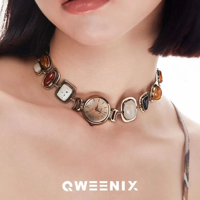 Handmade niche watch pendant splicing copper joint gemstone cyberpunk design sense women's necklace watch necklace