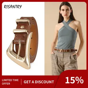 Women's Brown Belt Trend Belt with Gold Buckle Fashion Leather Waist Belt for Jeans Pants