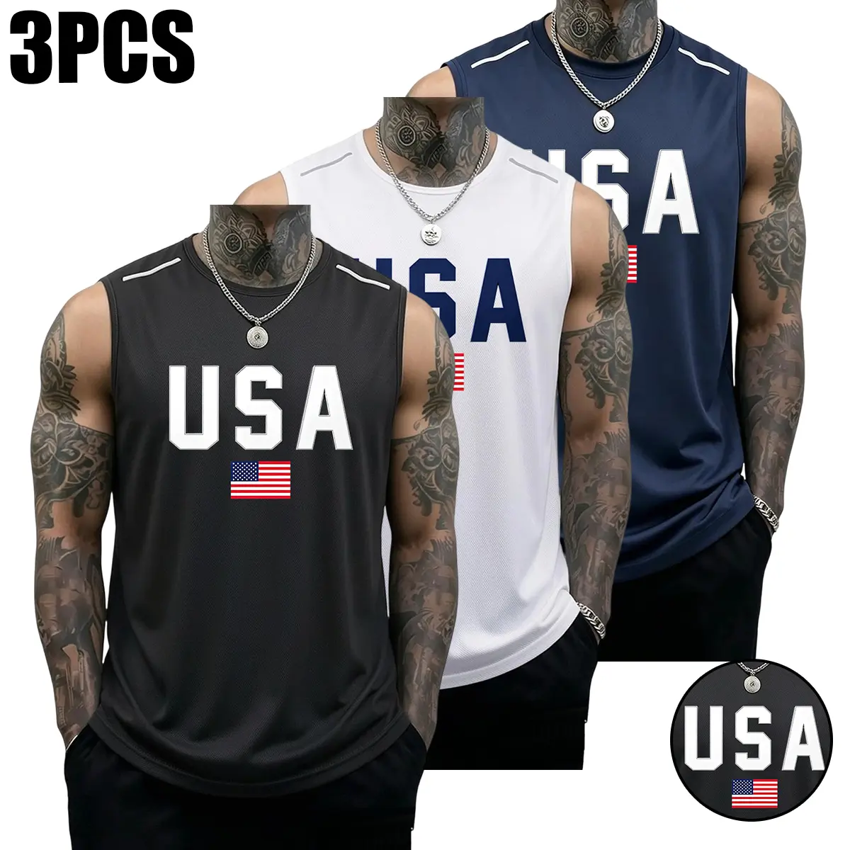 3PCS Men’s Tank Tops: casual soft sleeveless muscle T-shirt, fitness T-shirt, sports tank top; solid color design; creative USA flag print; summer vibe; SummerWins; versatile men’s tank tops; men’s gift tank tops; men’s running tank tops; men’s everyday t