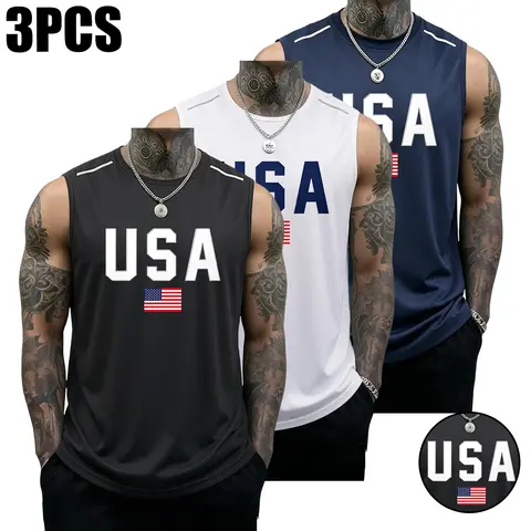 SummerWins Men’s 3PCS Basic All Seasons Running Singlet Vests - Male Athletic Breathable Casual Soft Sleeveless Polyester Activewear, Solid Colors Minimalist USA Flag Print, Machine Washable, Men’s Gift