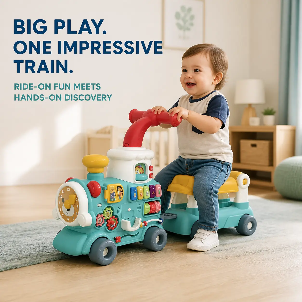 AZABETTER Unisex 5-in-1 Baby Walker Train Baby Toy - Sit-to-Stand Push Walker, Ride-On Toy with Interactive Activity Panel, Mist Feature, Shape Sorters, Storage, 6 Blocks, Train Games