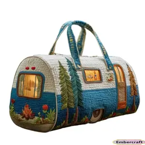 Vintage RV Camper Weekender Bag - 3D Quilted Travel Duffle Bag with Campfire Scene. Large Capacity Overnight Tote with Shoulder Strap, Lightweight Carry On Luggage for Glamping, Road Trips & Weekend Getaways