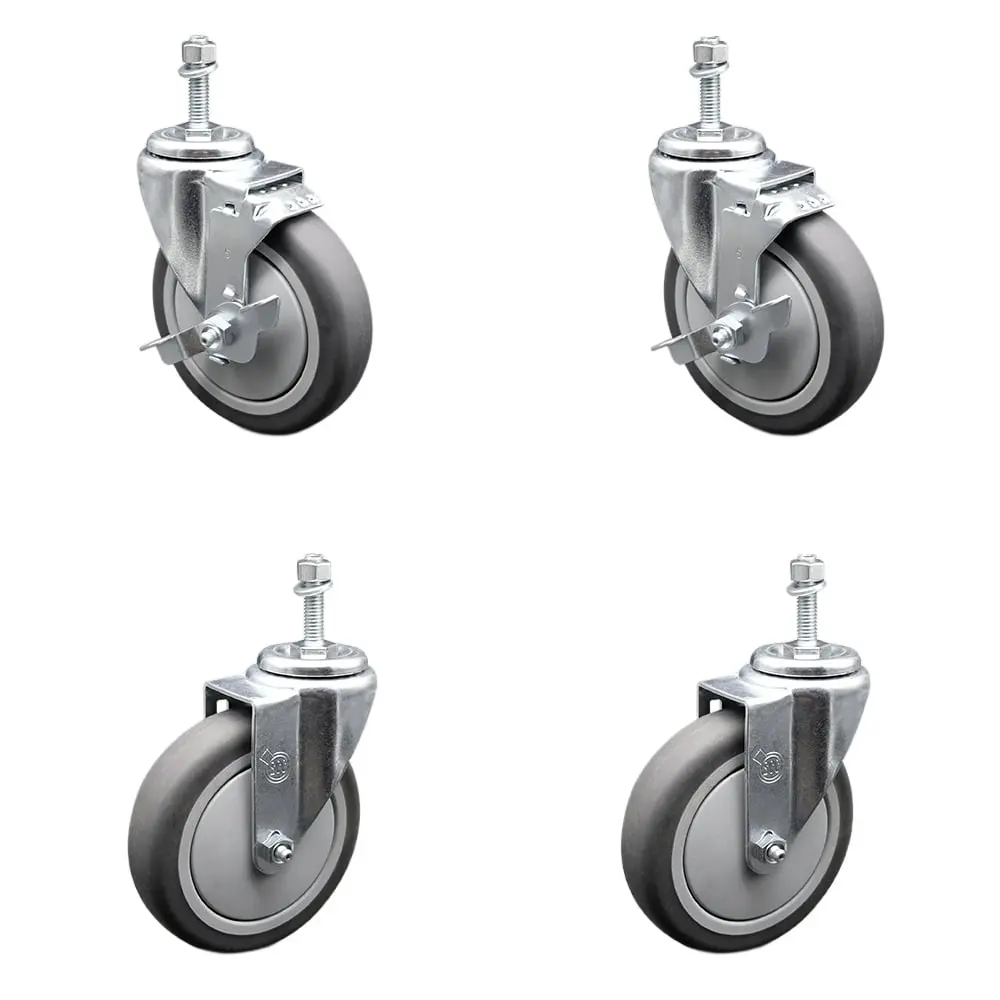 Service Caster Series No.20 SCC-TS20S514-TPRB-M1015-2-TLB-2 Thermoplastic Rubber Swivel Threaded Stem Caster Set (4), 5"x1.25" Gray Wheels, 10 mm Metric Stem Mount, 2 with Top Locking Brake, 1200 lbs Capacity for Carts, Equipment Handling on Hard Surfaces