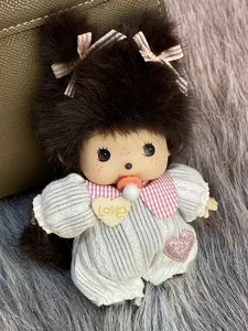 Monchhichi Character Figurine Keychain Charm - Chibi, Colorful Fashion, Cosplay Character Keychain with Lace Dress, Bow Braids, Pink Sparkle Heart, Adorable Collectible, Chibi Keychains