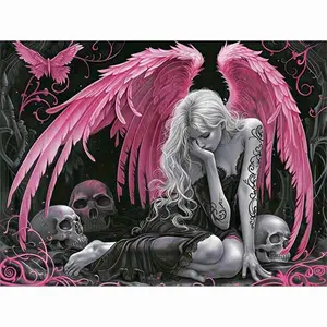 Pink Wing Fallen Angel Skull 5D Full Drill Diamond Painting Kit Gothic Design with Pink Butterfly and Vine Accents Dark Fantasy Art Style DIY Art for Home Wall Decor Ideal Gift for Gothic Art Fans and Craft Enthusiasts