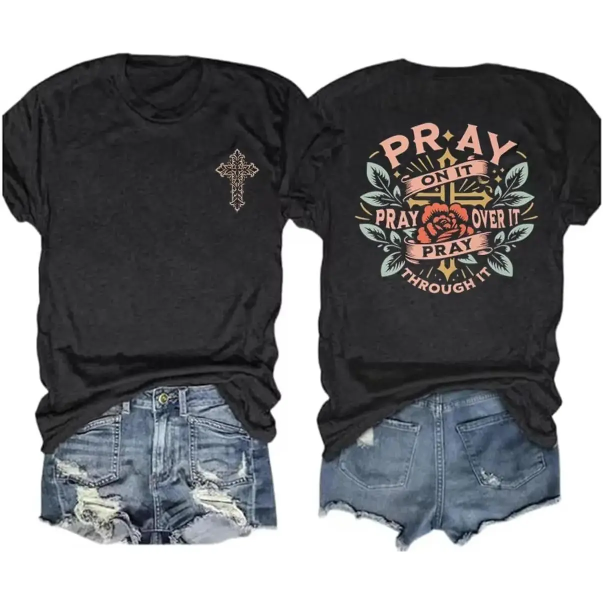 Women's Retro Christian Jesus Faith Short-Sleeve Soft Sporty Sports Top - Cross, Pray, Floral Print, Inspirational Bible Verse Tee for Vibe-Focused Outdoor Activities (Pairs with Leggings, Swimsuit), Sporty Sports Tops
