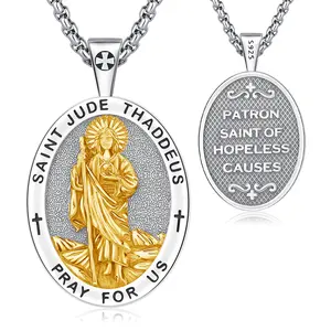 DRINSPER Saint Jude Thaddeus Pendant Necklace, S925 Sterling Silver 2-Tone Medallion, Christian Jewelry for Adults