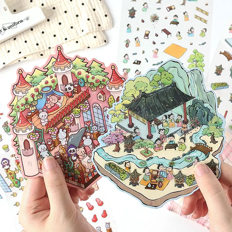 3D Scene Building Stickers, Isometric Landscape Room Castle Bottle Stickers, Kawaii DIY Diorama Ephemera Stickers