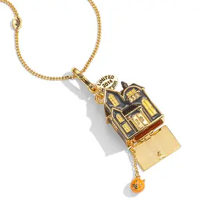 Unique Detachable Haunted House Necklace, Aesthetic Hand-Painted Enamel Pumpkin Pendant, Multi-functional DIY Keychain & Bag Charm, Limited Edition Jewelry