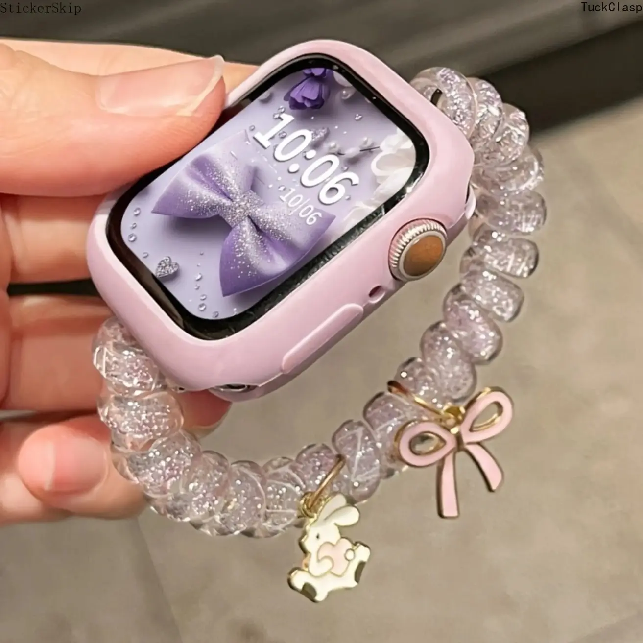 2026 Cute Elastic Band & Case Set for Apple Watch – Glitter Bow Bunny Pendant, Fits 38–49mm & Series 4–10/SE, Summer Girl Strap for Daily Rotation