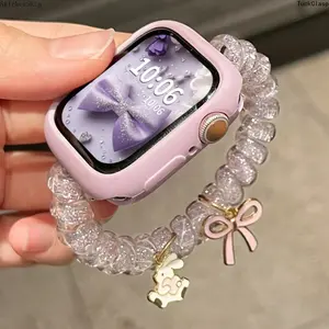 2026 Cute Elastic Band & Case Set for Apple Watch – Glitter Bow Bunny Pendant, Fits 38–49mm & Series 4–10/SE, Summer Girl Strap for Daily Rotation