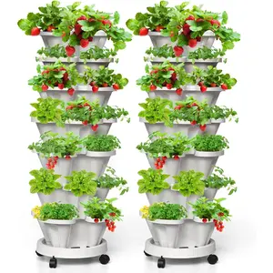 7 Tiered Strawberry Vertical Planter 2 Pack, Stackable Tower Garden Planter  Garden Planter with Movable Casters and Bottom  Indoor and Outdoor - White