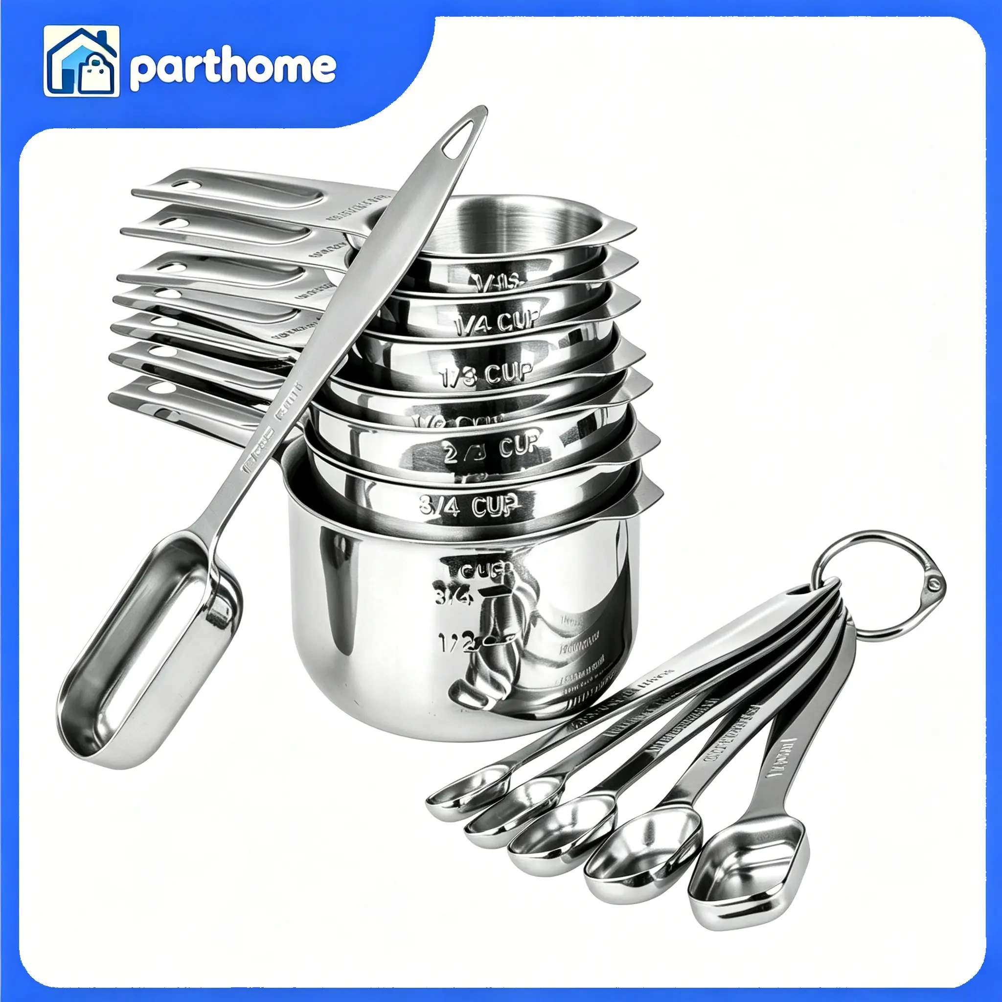 Silver 13-Piece 18/8 Stainless Steel Measuring Cups Spoons Set With US Metric Engraved Markings For Kitchen Baking Cooking Prep