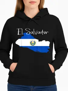El Salvador Flag Hoodie Black Map And Text Design Casual Wear Personalized Unisex Women Winter Comfort Fleece Hooded Long Sleeve Suitable For All Outfits Made In Usa