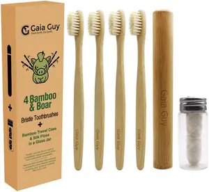 Gaia Guy Bamboo and Boar Bristle Toothbrush (4 Pack) + Travel Case & Silk Dental Floss | 100% Compostable Bristles and Floss | Eco-Friendly Dental Set | Biodegradable & Compostable Wooden Toothbrushes