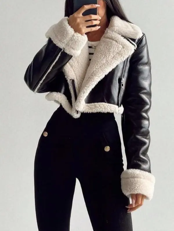 Apperloth Studio Women's Faux Leather Shearling Trim Cropped Biker Jacket, Long Sleeve Asymmetric Zip Moto Coat