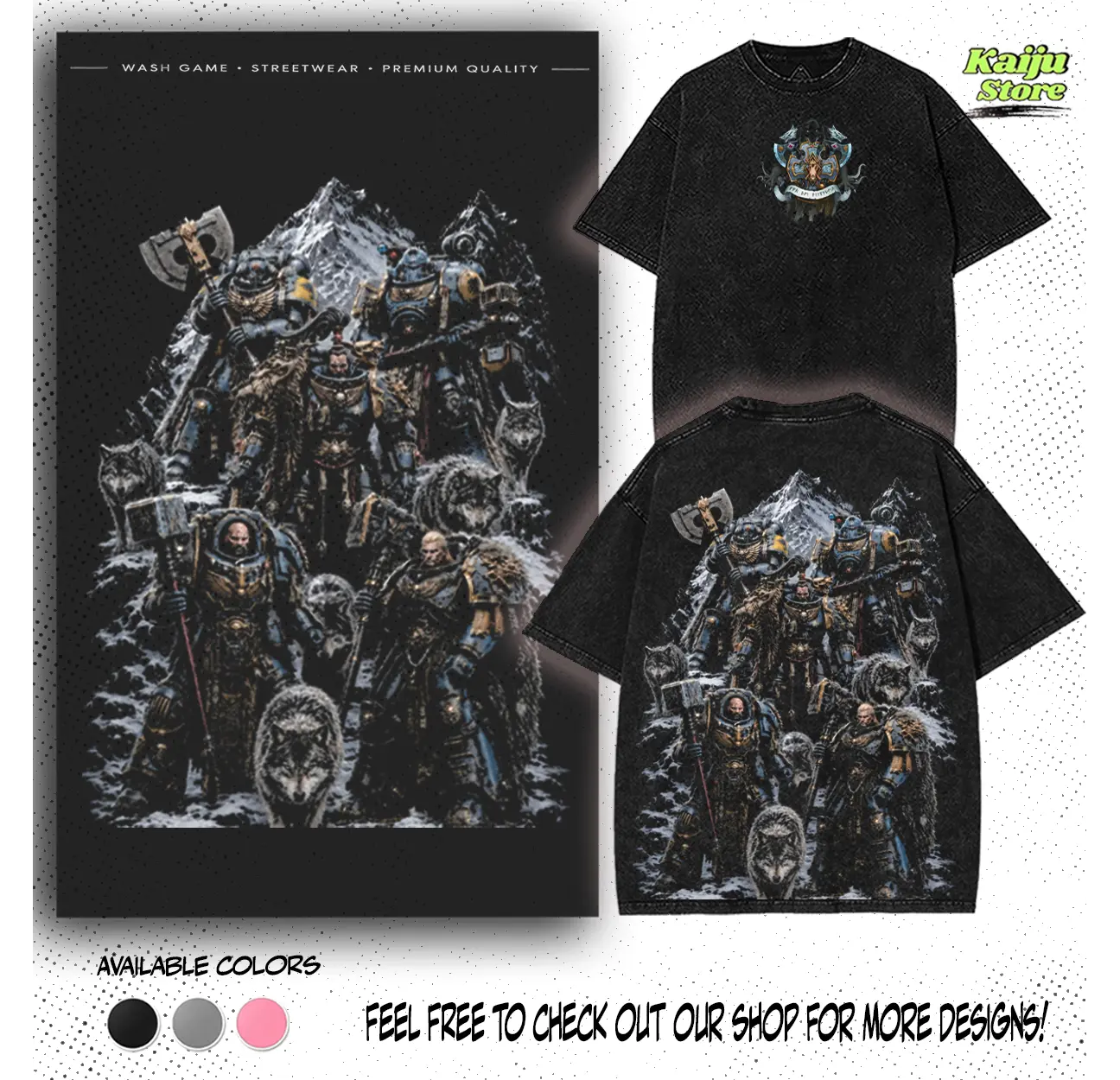 Warhammer 40k Space Wolves Washed Tee, Vintage Streetwear Graphic T-shirt, Unisex Premium Heavyweight Cotton Loose-Fit Men's T shirts, 90s Retro Sci-Fi Apparel, Trendy Summer Outfits Casual Tops, Gift for fan WH40K