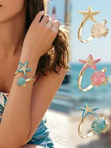 Nautical Starfish & Seashell Enamel Cuff Bracelet - Adjustable Gold Plated Bangle | Perfect Summer Accessory for Beach, Vacation & Pool Days