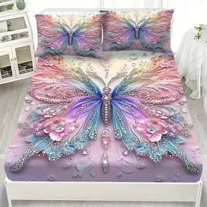 3pcs Pink Purple and Blue Fantasy Style Butterfly Pattern Luxury Fitted Sheet Set, 1 Fitted Sheet and 2 Pillowcases, Machine Washable, Elegant Design Bedding Set, Soft And Comfortable Bed Sheet Set, Bed Sheets Set