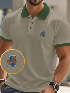Men's High-Quality Polo Shirt with Graphic Print Horse, Casual Design, Polyester Fabric, Fitted Style, Summer Short Sleeve, Casual Outdoor Wear