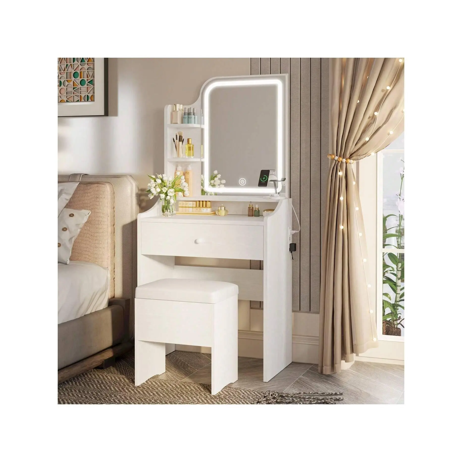 New 2024  LIKIMIO In 1 Makeup Vanity Desk Set Mirror Lights Storage Drawer Chair 3 Shees For Bedroom