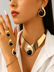 Elegant Fashion Jewelry Set, Geometric Earrings & Alloy Necklace, Bold Spiral Ring Bracelet, Perfect for Parties & Gifts