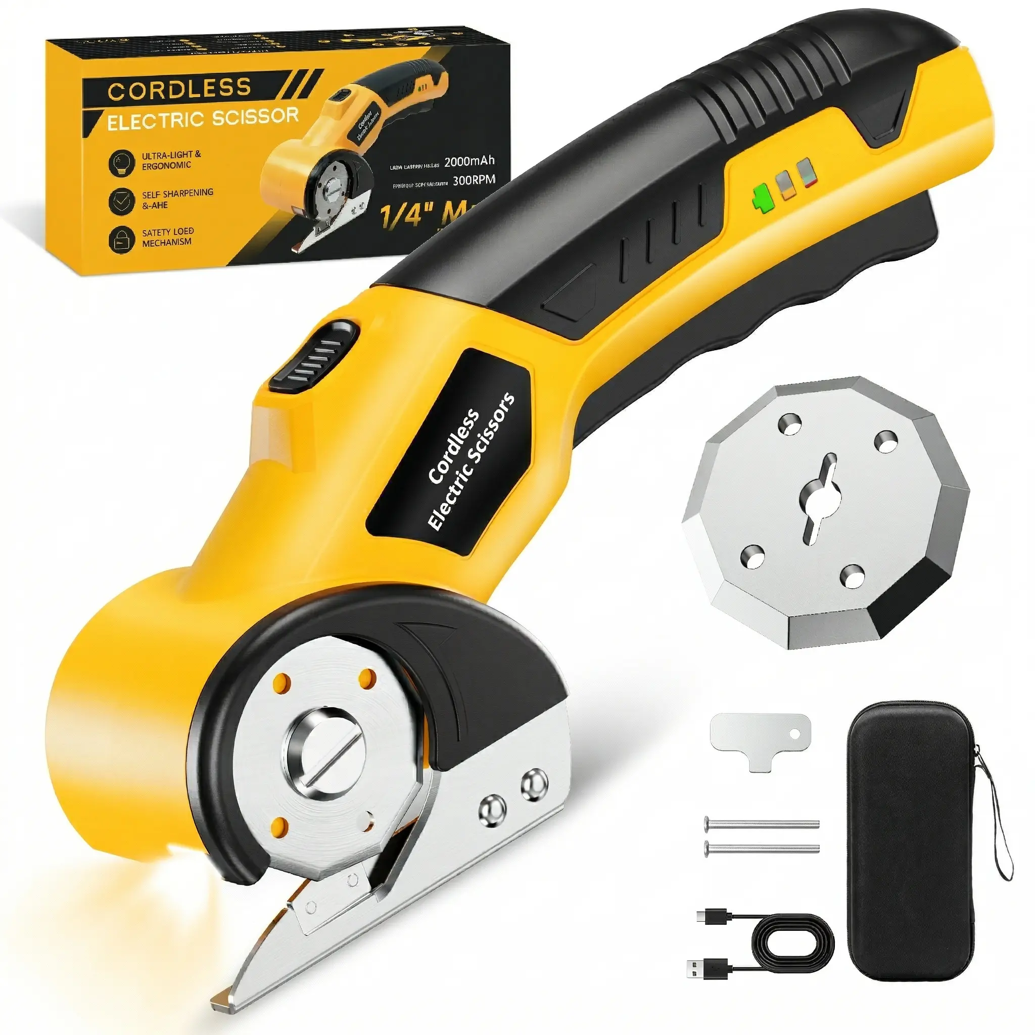 Cordless Electric Scissors,Cardboard Cutter Rechargeable, Electric Box Cutters with 1 Blade, 4V Upgrade Motor,Safety Lock & LED Light, Powerful Cutting Tool for Paper,Fabric,Carpet-Yellow outdoorfun