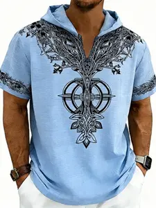 Men's Summer Hooded V-Neck Short Sleeve T-Shirt, Regular Fit Rune Print, Lightweight Breathable American Hip-Hop Style, Men's Clothing
