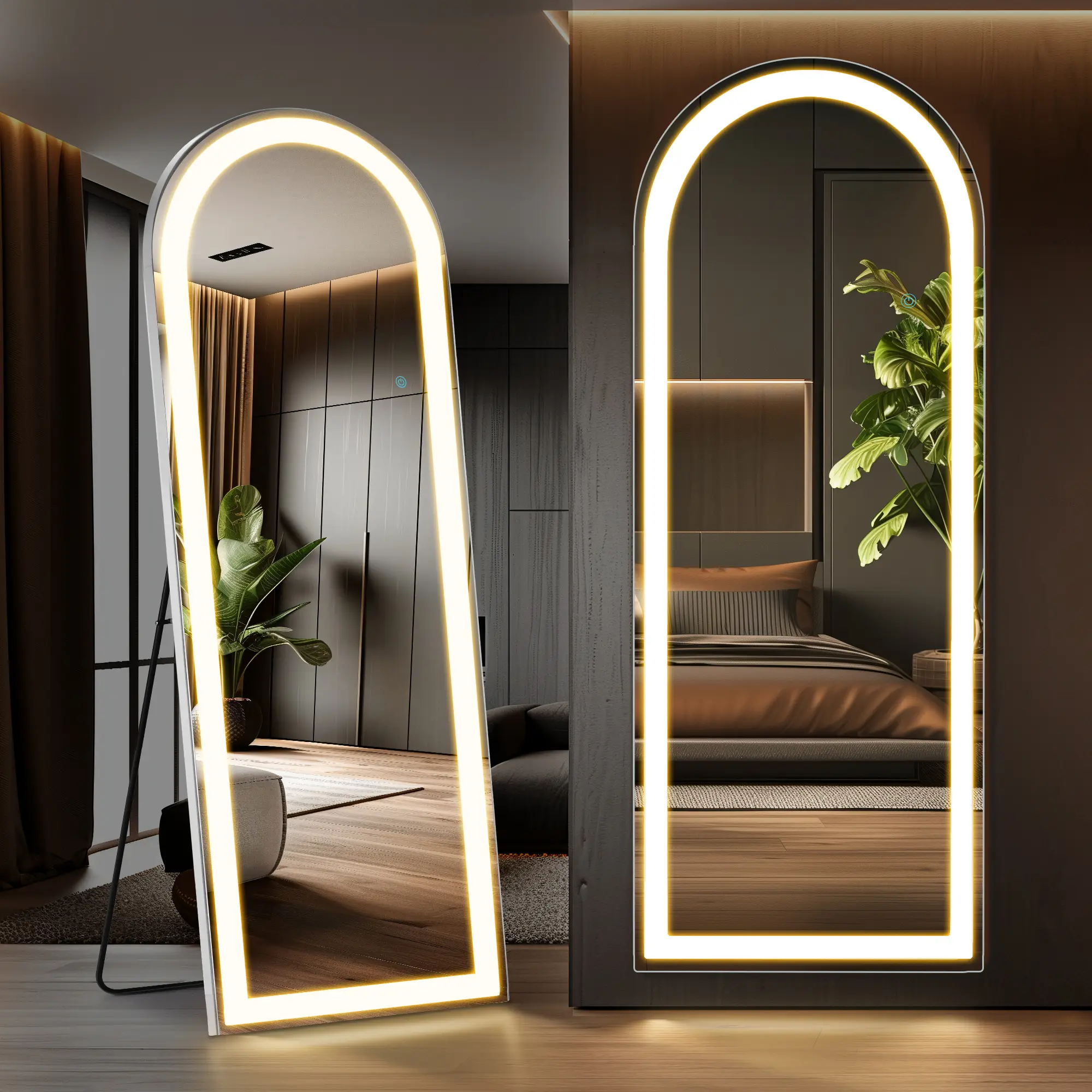 Stand Mirror Full Length with LED Lights, Floor Mirror Dimming & 3 Color Lighting, Large Mirror for Bedroom, Glass Decorations Supplies