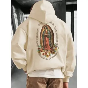 Men's Spring Fall Winter Fleece Hoodie, Virgin Mary Print, Casual Hooded Design, Fashionable and Comfortable, Perfect for Meetings and Leisure