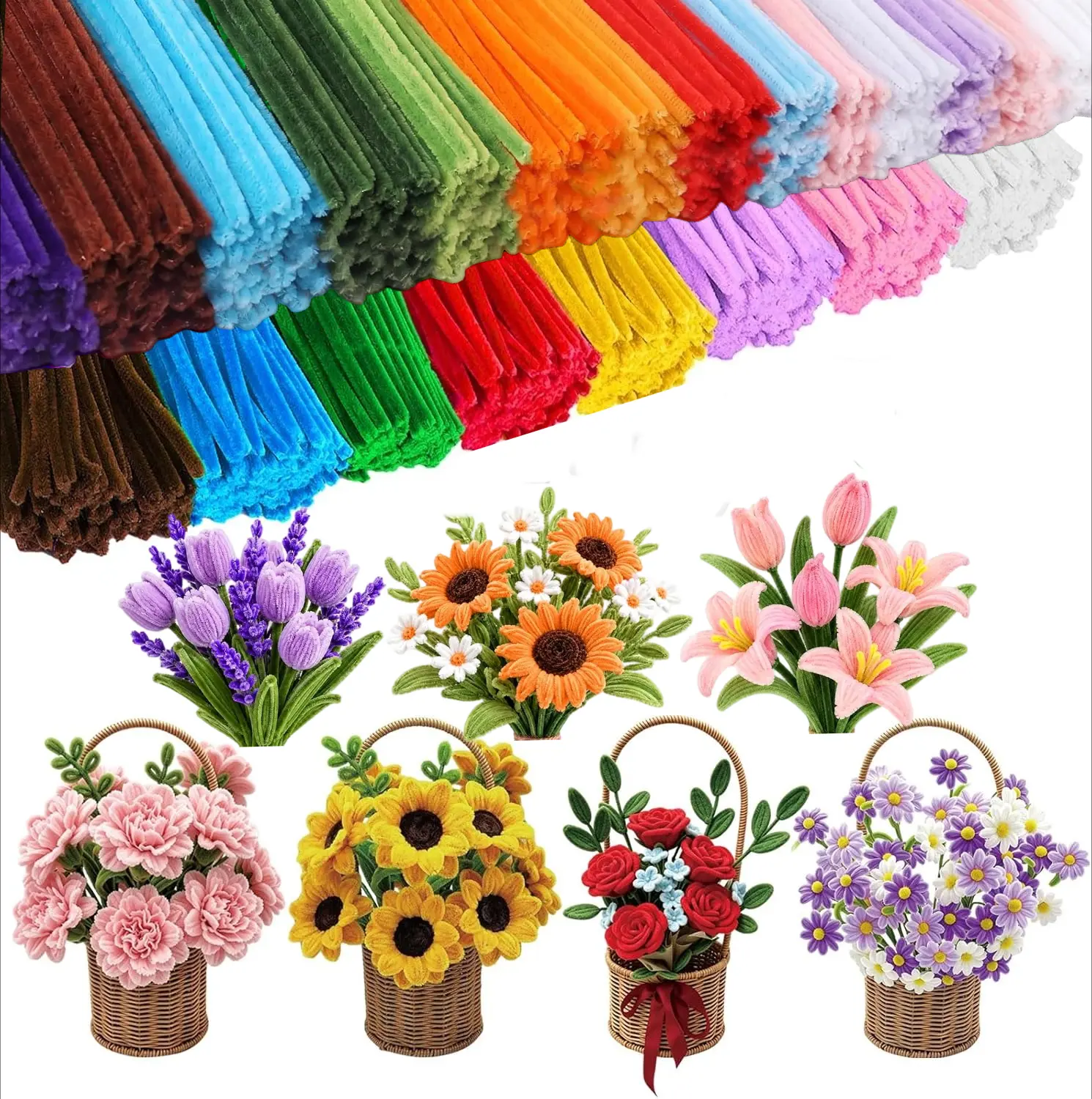 2300 Pipe Cleaners (Bulk). 20-Color Chenille Stems for Crafts. Art Supplies for Flowers.