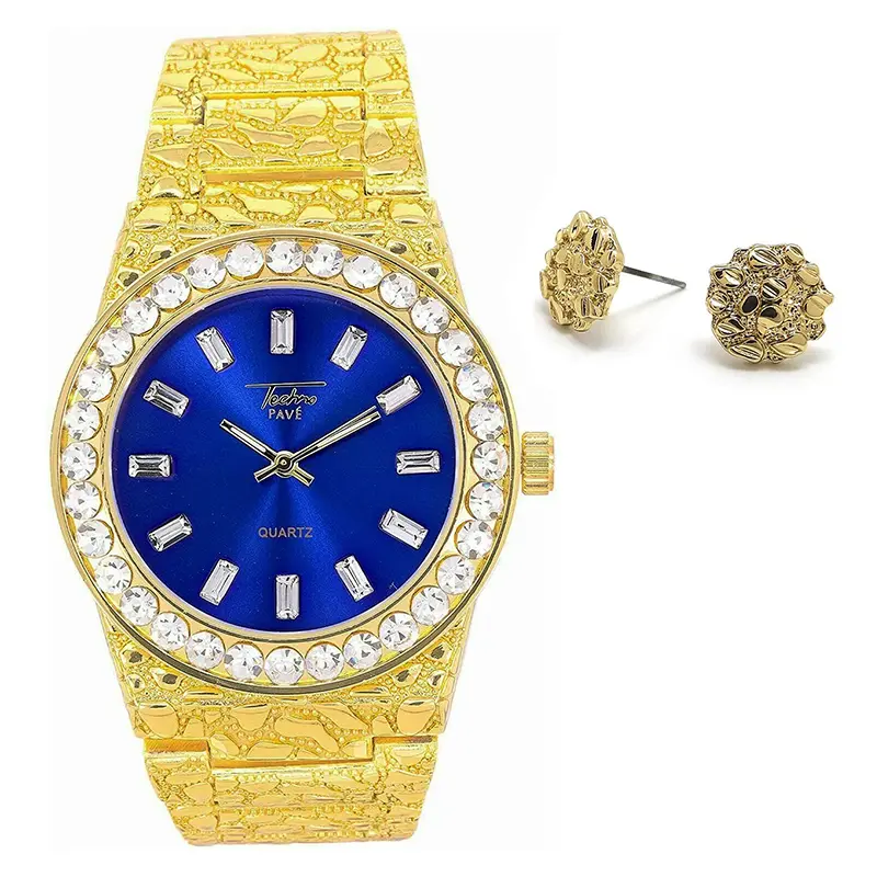 MaxBling81 Men's Hip Hop Watch & Earrings Set, Iced Out Gold-Plated Quartz Watch with Golden Nugget Pattern and Blue Dial, Fashionable Watches, Gold Plated Watches