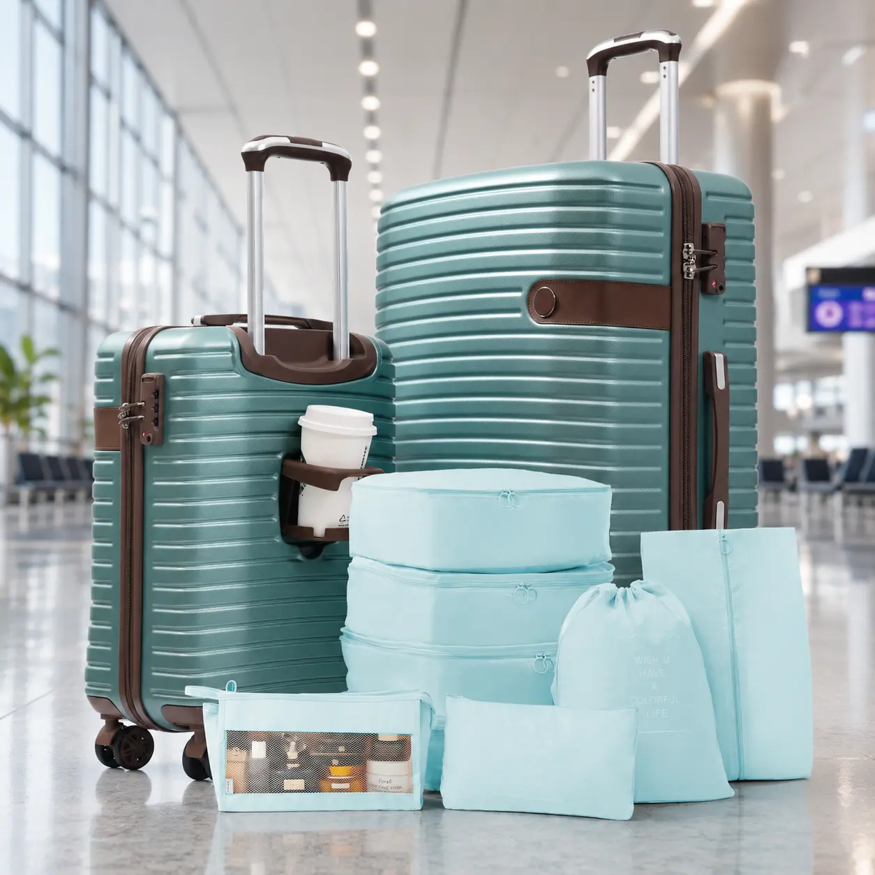 Fahuac Multifunctional Luggage Set - 2-Piece ABS Plastic Hard Shell, 20in Carry-On, 28in Checked, TSA Lock, 4 Spinner Wheels 360 Rotation, Zipper Closure, 8 Packing Cubes, Adjustable Telescopic Handle, Lightweight for Travelers