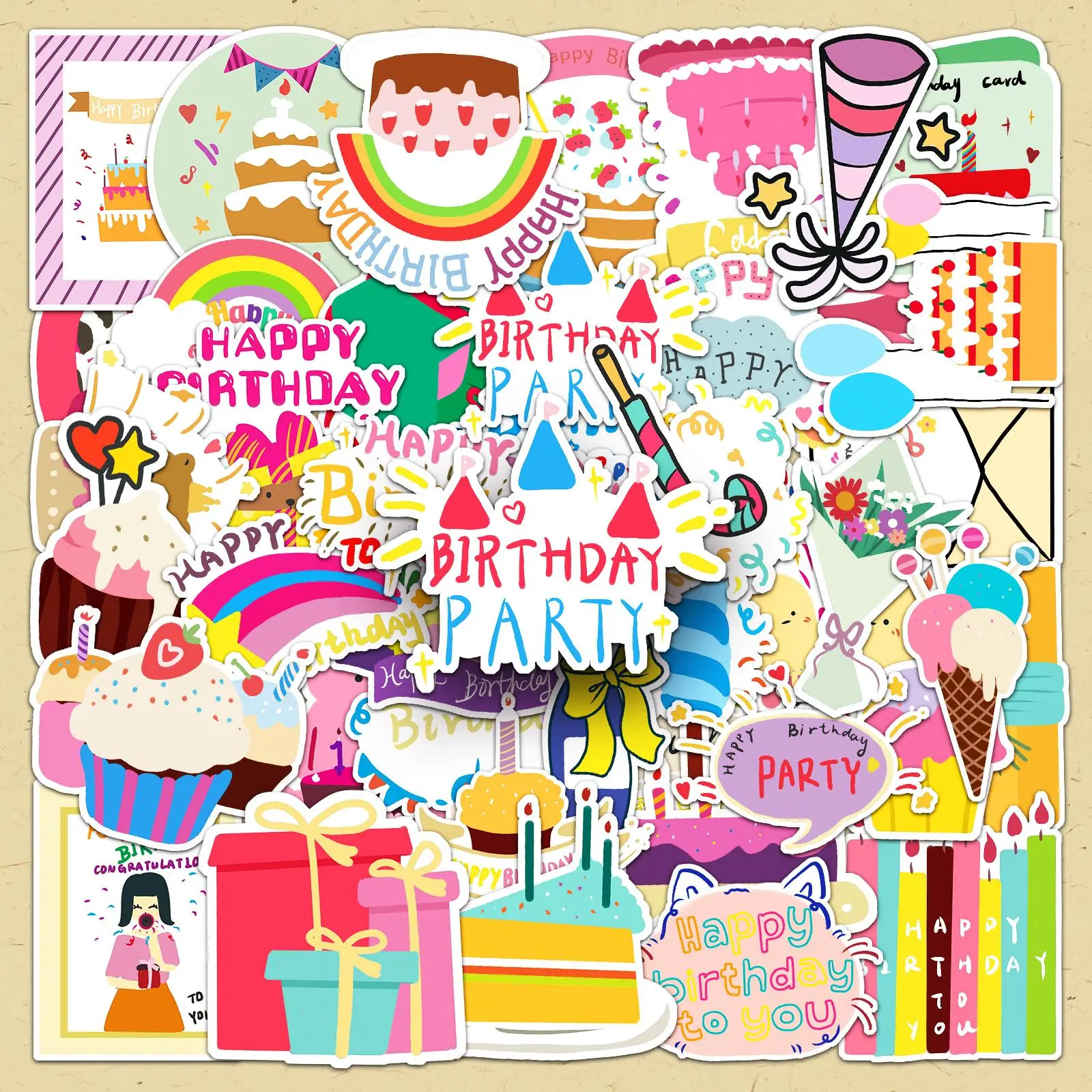 Happy Birthday Party Sticker, 50pcs/set Colorful Birthday Themed Sticker, DIY Decorative Sticker for Scrapbooking, Journaling, Gift Wrapping, Crafts, Sticker Sheets