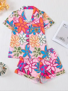 Women's Leopard Print Cherry Bow Sleepwear Set, Short Sleeve Shirt Collar Button Soft Top & Elastic Shorts, Casual Home Wear