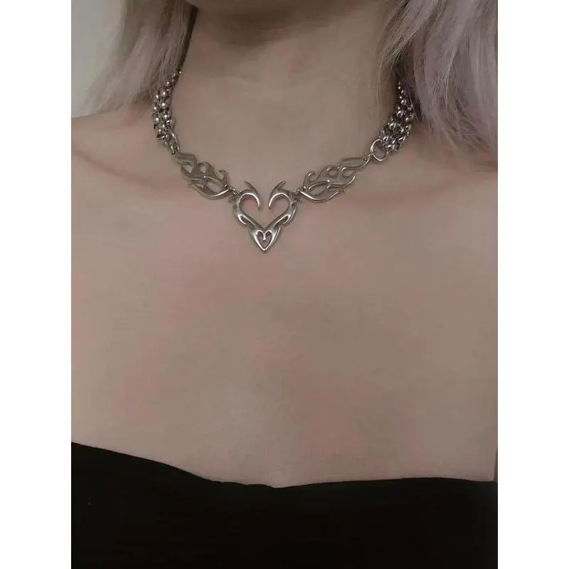 Women's Silver-Color Hollow Flame Heart Pendant Necklace - Punk Hip Hop Style, Elegant Design Sports & Outdoor Protective Gear Accessory, Perfect for Women Adults, Ideal Gift for Anniversary, Mother’s Day