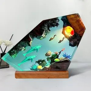 3D Ocean Resin Night Light with LED Glow, Handmade Epoxy Lamp with Wooden Base – Aesthetic Room Decor for Desk & Bedroom, Viral TikTok Gift Idea for Women & Men