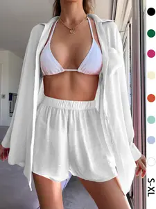 Beach Vacation Two-Piece Cover-Up Set for Swimsuit Loose Sheer Lightweight Breathable Solid Color Long-Sleeve Shirt & Shorts Fashionable Comfortable Fit - Clothes