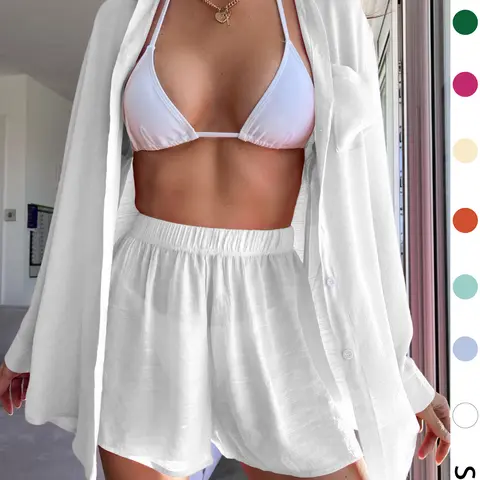 Women's 2-Piece Swimwear Cover Up Set, Beach Outdoor Wear, Loose-Fit Casual Women's Clothing Sets, Sheer Lightweight Breathable Solid Color Long-Sleeve Shirt & Shorts Cover-Up