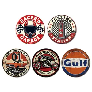 5 Pieces Retro Gulf & Racer's Garage Style Tin Plate Painting Decorative Signs And Plaques, 8-Inch Circular Wall Art Decoration Posters For Garage, Home, Bedroom, Store, Man-Cave Art Decoration