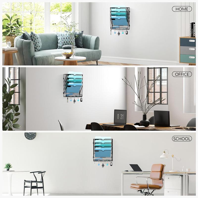 F-SBB52  Wall File Organizer with 5 Hooks 5 Tier Hanging File Organizer, Vertical Wall Mount Mail Organizer for Papers, Folders, Magazines, Bills, Office&School Organization, Black