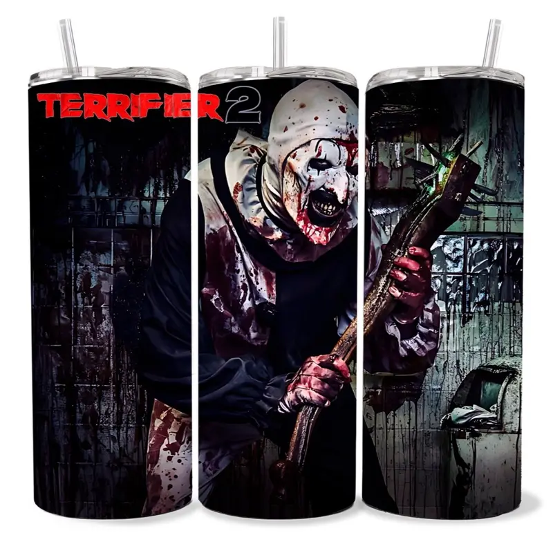 Terrifier 20 oz Tumbler - BPA Free, Stainless Steel, Leak Proof, Clear Lid, Includes Straw